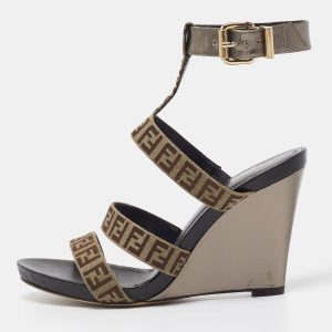 Fendi Brown/Beige Canvas and Leather Wedge Sandals Size 39, Sandals - Luxury Closet