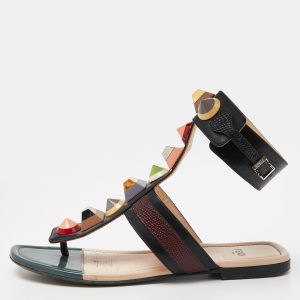 Fendi Multicolor Leather Studded Ankle Strap Flat Sandals Size 35, Sandals - Luxury Closet