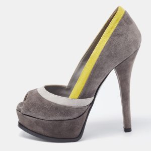 Fendi Grey/Yellow Suede Fendista Peep Toe Platform Pumps Size 36, Sandals - Luxury Closet
