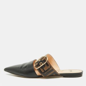 Fendi Black/Tobacco Zucca Leather Flat Mule Sandals Size 37, Sandals - Luxury Closet