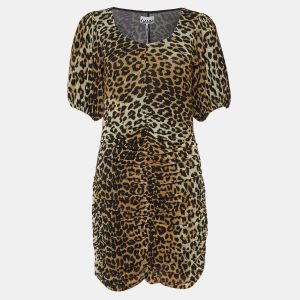 Ganni Brown Animal Printed Mesh Ruched Mini Dress S, Dresses - Luxury Closet