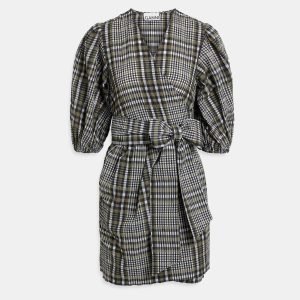 Ganni Black/Green Checked Cotton Mini Wrap Dress XL (EU 40), Dresses - Luxury Closet catalog