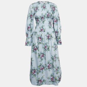 Ganni Light Grey Floral Print Cotton Smocked Midi Dress XS, Dresses - Luxury Closet catalog