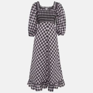 Ganni Black/Sweet Lilac Checked Cotton Blend Smocked Seersucker Maxi Dress XS, Dresses - Luxury Closet