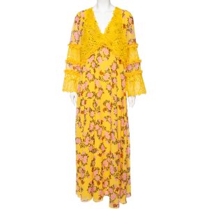 Giamba Yellow Floral Printed Chiffon & Lace Detail Maxi Dress S, Dresses - Luxury Closet catalog