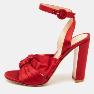 Gianvito Rossi Red Satin Knot Ankle Strap Sandals Size 37.5, Sandals - Luxury Closet