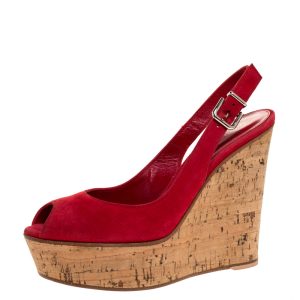 Gianvito Rossi Red Suede Leather Cork Wedge Peep Toe Platform Slingback Sandals Size 38.5, Sandals - Luxury Closet