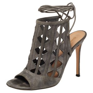 Gianvito Rossi Grey Suede Cutout Maxine Ankle Wrap Sandals Size 37.5, Sandals - Luxury Closet
