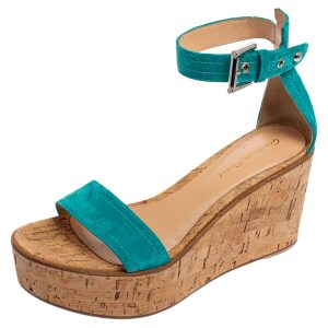 Gianvito Rossi Blue Suede  Cork Wedge Platform Ankle Strap Sandals Size 37, Sandals - Luxury Closet