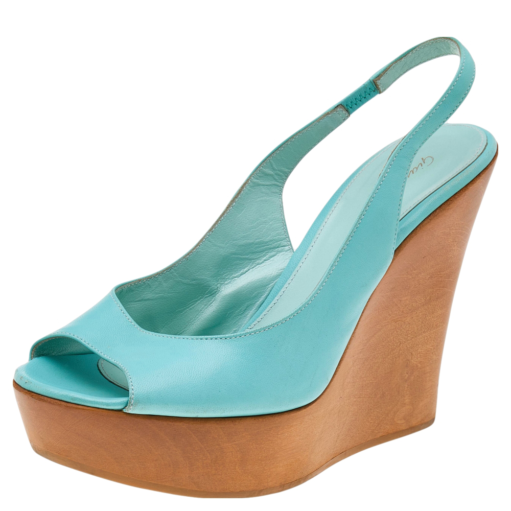 Gianvito Rossi Turquoise Leather Wedge Platform Slingback Sandals Size 38.5, Sandals - Luxury Closet