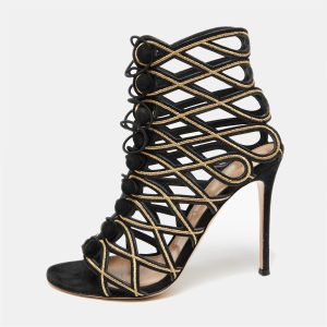 Gianvito Rossi Black/Gold Suede And Cutout Leather Lace Up Peep Toe Sandals Size 41, Sandals - Luxury Closet
