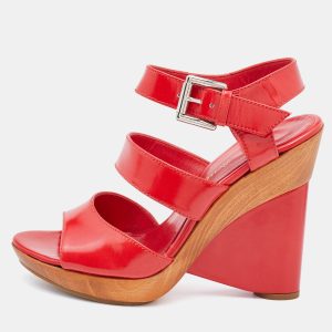 Gianvito Rossi Red Leather Wedge Strappy Sandals Size 37.5, Sandals - Luxury Closet
