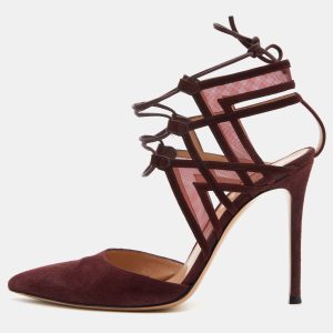 Gianvito Rossi Burgundy Suede and Mesh Ankle Wrap Sandals Size 37, Sandals - Luxury Closet