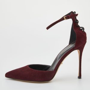Gianvito Rossi Burgundy Suede Pointed Toe Ankle Strap Sandals Size 37, Sandals - Luxury Closet