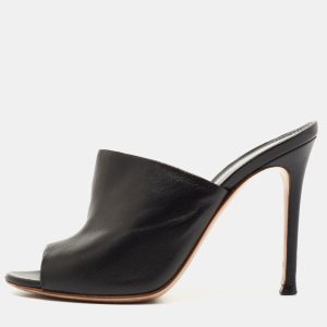 Gianvito Rossi Black Leather Alise Peep Toe Mules Size 34.5, Sandals - Luxury Closet