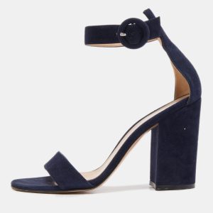 Gianvito Rossi Navy Blue Suede Portofino Ankle Strap Sandals Size 37.5, Sandals - Luxury Closet
