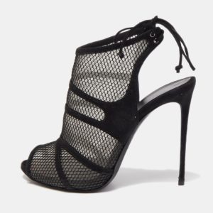 Gianvito Rossi Black Suede and Mesh Peep Toe Ankle Sandals Size 37.5, Sandals - Luxury Closet