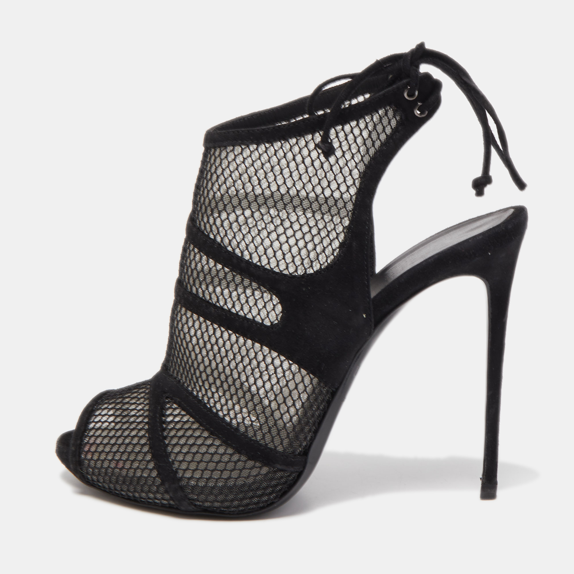 Gianvito Rossi Black Suede and Mesh Peep Toe Ankle Sandals Size 37.5, Sandals - Luxury Closet