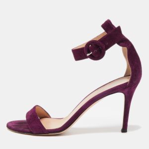 Gianvito Rossi Purple Suede Portofino Ankle Strap Sandals Size 37.5, Sandals - Luxury Closet