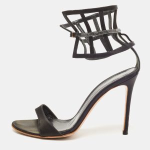 Gianvito Rossi Black Satin Crystal Embellished Ankle Strap Sandals Size 37.5, Sandals - Luxury Closet
