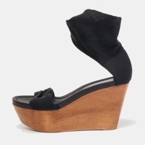 Gianvito Rossi Black Fabric Wedge Platform Ankle Strap Sandals Size 37.5, Sandals - Luxury Closet
