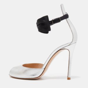 Gianvito Rossi Silver Leather and Satin Bow Ankle Strap Sandals Size 37, Sandals - Luxury Closet