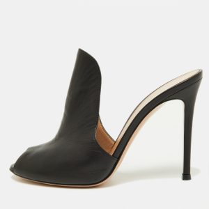 Gianvito Rossi Black Leather Alise Peep Toe Mules Size 37.5, Sandals - Luxury Closet