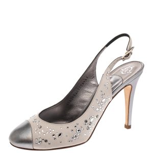Gina Metallic Silver Satin and Leather Crystal Embellished Slingback Sandals Size 37.5, Sandals - Luxury Closet