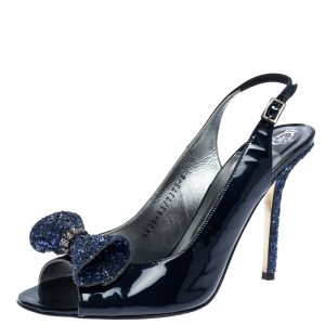 Gine Blue Patent Leather And Glitter Bow Embellished Slingback Open Toe Sandals Size 41, Sandals - Luxury Closet