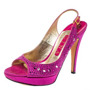 Gina Fuchsia Jewel Embellished Slingback Open Toe Platform Sandals Size 38, Sandals - Luxury Closet