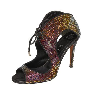 Gina Metallic Black Leather Crystal Embellished Cut Out Peep Toe Sandals Size 37.5, Sandals - Luxury Closet