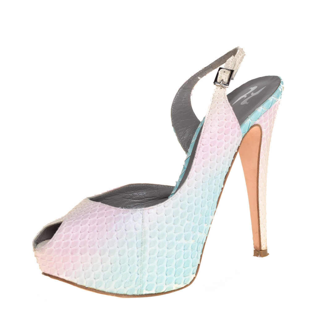 Gina Multicolor Python Leather Peep Toe Slingback Sandals Size 38.5, Sandals - Luxury Closet catalog