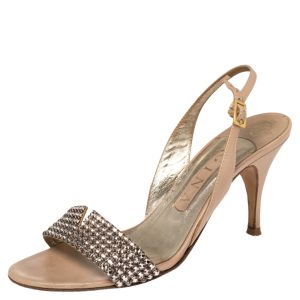 Gina Beige Leather Crystal Embellished Slingback Sandals Size 37.5, Sandals - Luxury Closet