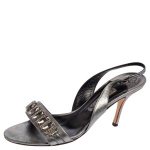 Gina Metallic Bronze Leather Crystal Embellished Naomi Slingback Sandals Size 40, Sandals - Luxury Closet