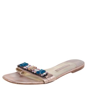 Gina Metallic Beige  Leather Crystal Embellished Slip On Flat Slides Size 41, Sandals - Luxury Closet