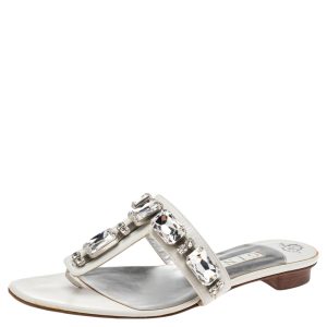 Gina White Leather Crystal Embellished Thong Flat Slides Size 40.5, Sandals - Luxury Closet
