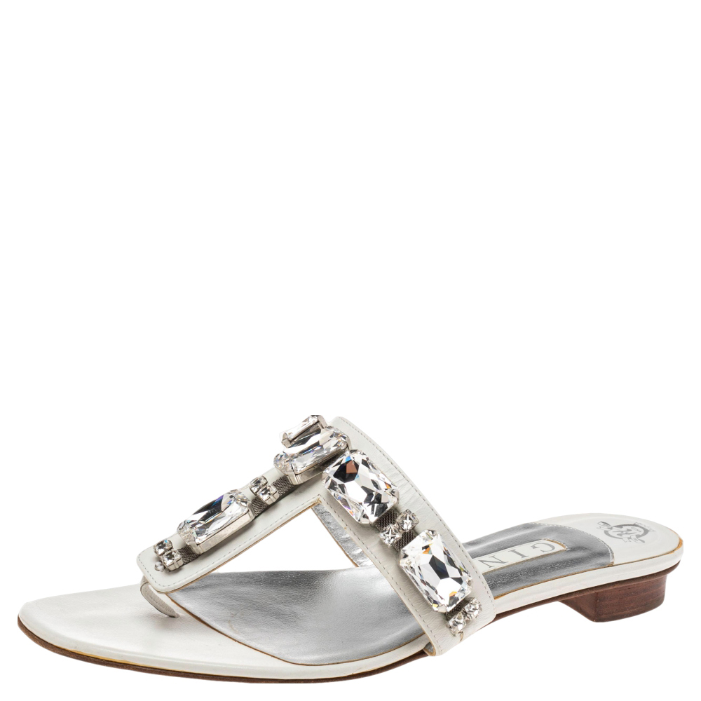 Gina White Leather Crystal Embellished Thong Flat Slides Size 40.5, Sandals - Luxury Closet