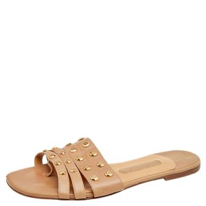 Gina Beige Leather Embellished Slide Sandals Size 38.5, Sandals - Luxury Closet