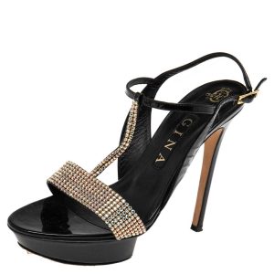 Gina Black Patent Leather Crystal Embellished T-Strap Sandals Size 39.5, Sandals - Luxury Closet