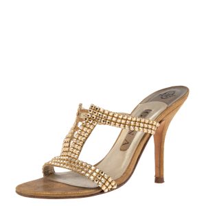 Gina Gold Crystal Embellished Leather Mule Sandals Size 37, Sandals - Luxury Closet