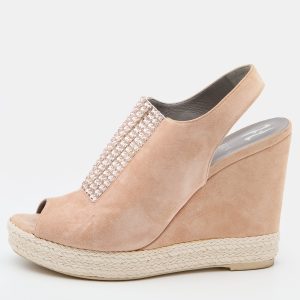 Gina Peach Suede Crystal Embellished Platform Wedge Sandals Size 40, Sandals - Luxury Closet