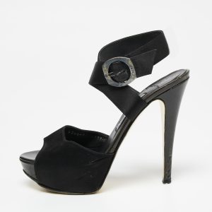 Gina Black Satin Ankle-Wrap Platform Sandals Size 38.5, Sandals - Luxury Closet