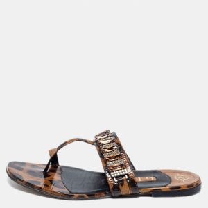 Gina Brown/Black Leopard Print Patent Leather Crystal Embellished  Sandals Size 38, Sandals - Luxury Closet
