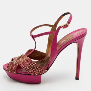 Gina Pink Leather Sheridan Crystal Embellished Platform T-Strap Sandals Size 39, Sandals - Luxury Closet