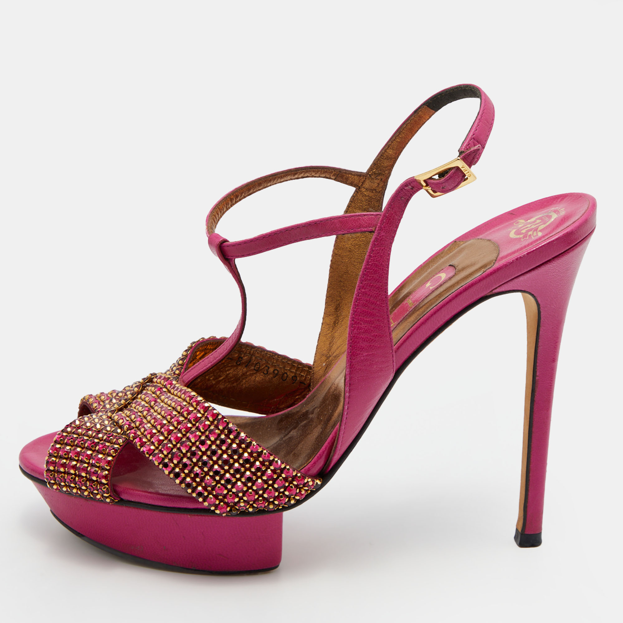 Gina Pink Leather Sheridan Crystal Embellished Platform T-Strap Sandals Size 39, Sandals - Luxury Closet