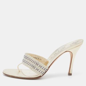 Gina Gold Leather Crystal Embellished Slide Sandals Size 41, Sandals - Luxury Closet