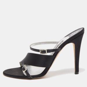 Gina Black Satin Crystal Embellished Cross Strap Slides Sandals Size 38.5, Sandals - Luxury Closet
