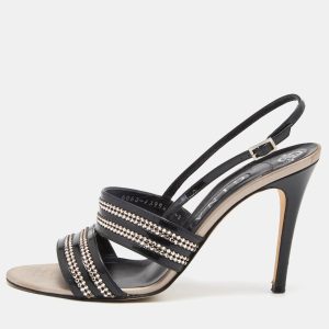 Gina Black Patent Leather Crystal Embellished Slingback Sandals Size 41, Sandals - Luxury Closet