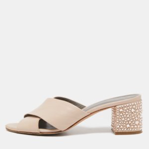 Gina Light Pink Leather Crystal Embellished Heel Slide Sandals Size 37, Sandals - Luxury Closet