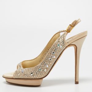 Gina Beige Crystal Embellished Satin Slingback Sandals Size 38.5, Sandals - Luxury Closet